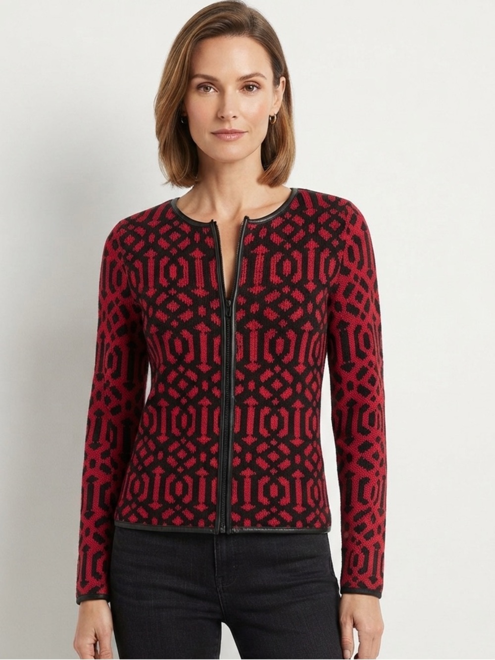 Chico's Red & Black Geometric Jacquard Zip Front Cardigan Sweater Size 1 | Med